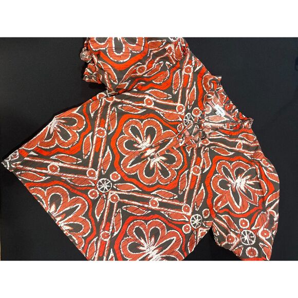 ~Rare The Odells Med Boho Top Vneck Tie Ruffle Short Balloon Sleeve Brown Rust - Picture 13 of 16